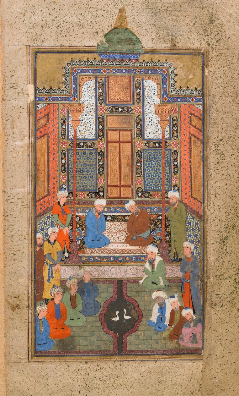 Palácová scéna v Tuhfat al-Ahrar (Dar zdarma) Buchara, Uzbekistán, uzbecké období, kolem roku 1540 (neprůhledný akvarel, inkoust a zlato na papíře) od Uzbek School