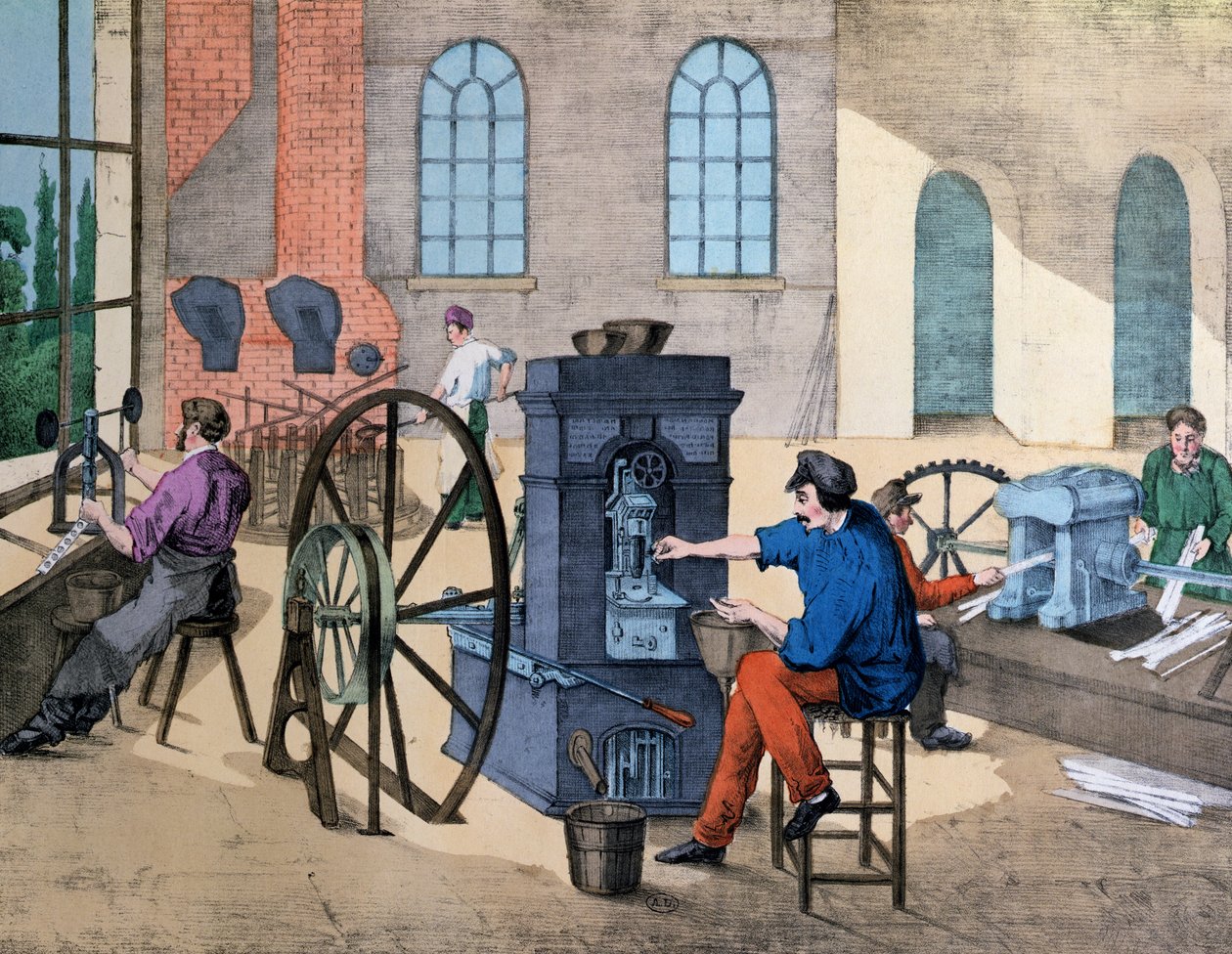 Dělník vybírá peníze v Monnaie de Paris, deska 9 z učební knihy o průmyslu a zaměstnání, vydané kolem roku 1860 od V. Janson