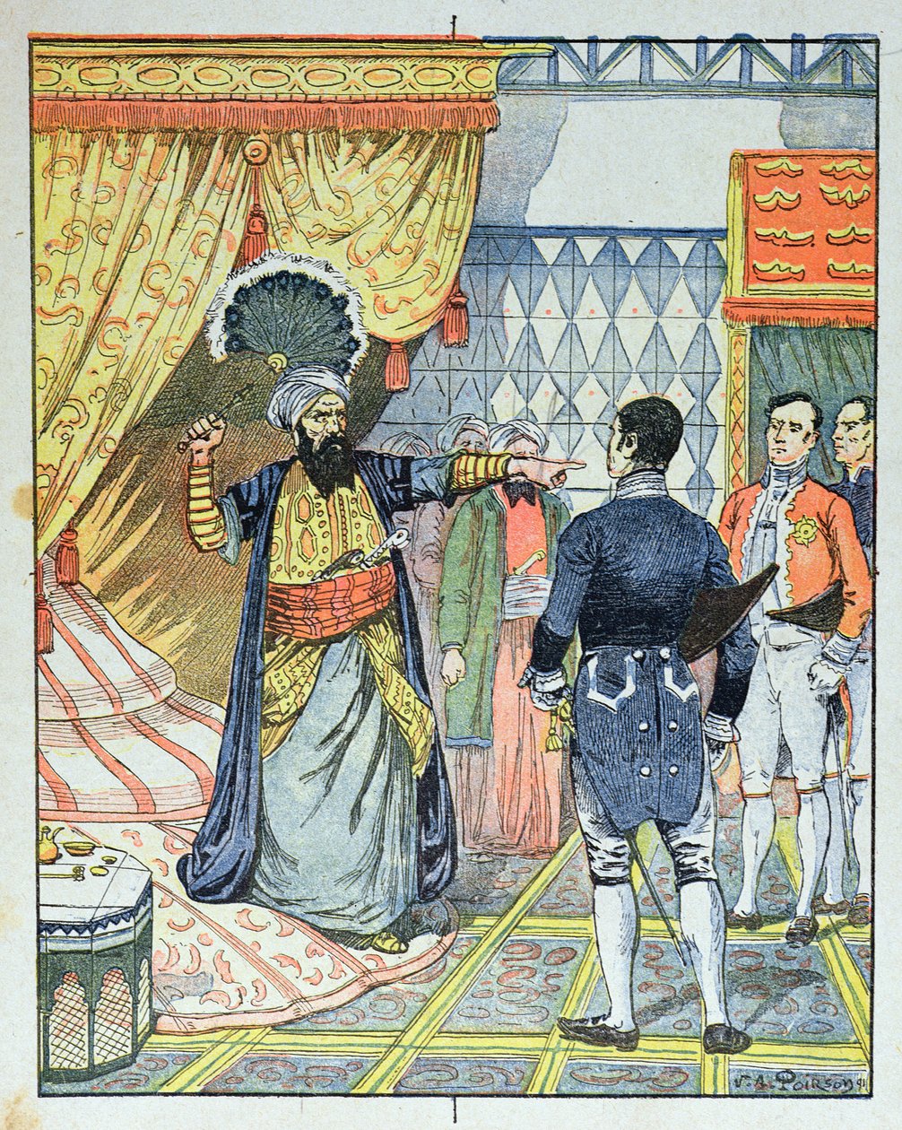 Dey of Alžír, Hussein ibn El Hussein udeří francouzského velvyslance M. Devala vějířem, 27. dubna 1827, obálka školní učebnice, 1891 od Victor Armand Poirson