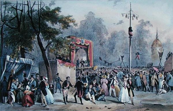 „Fete de Roi“ na Champs-Elysées v Paříži, vyryl Lemercier, kolem roku 1820 (barevná litografie) od V. (after) Adam