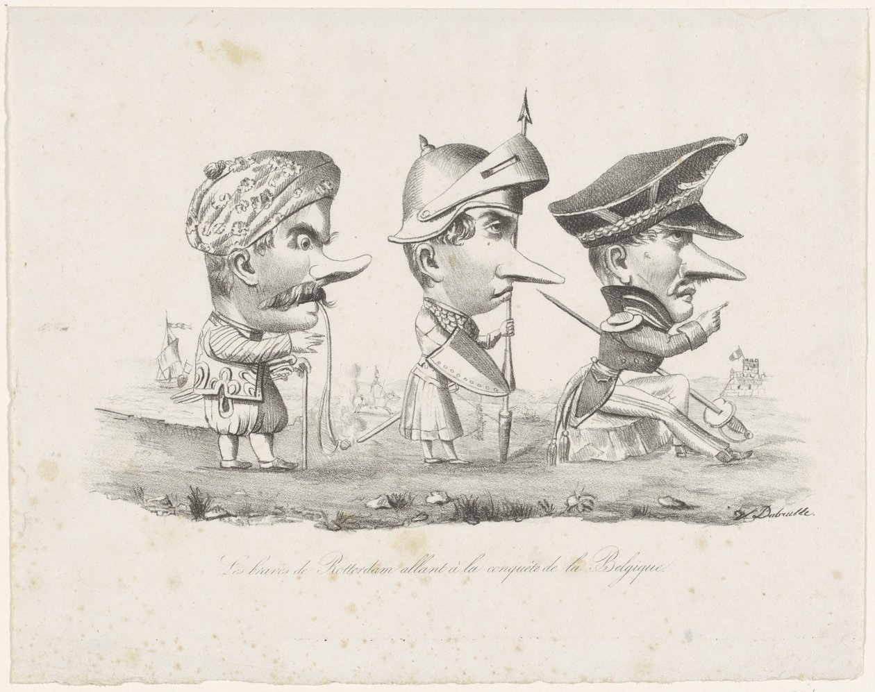 Karikatura rotterdamské milice, 1830 Les braves de Rotterdam allant à la conquête de la Belgique (název na objektu) od V. Dubrulle