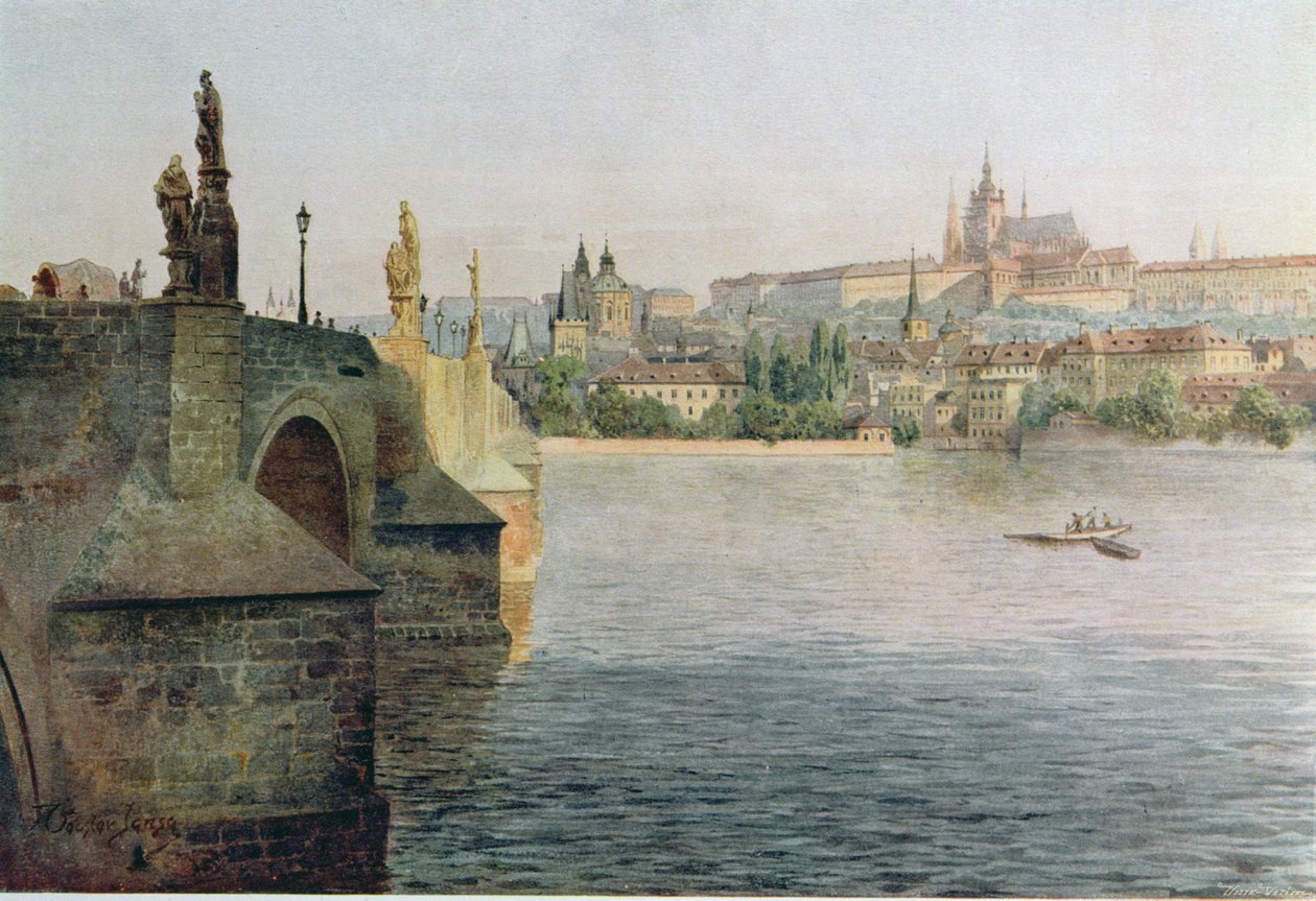 Pohled na Karlův most z Křížovnického náměstí, ze „Staré Prahy“ (Stará Praha) cca 1900 od Vaclav Jansa