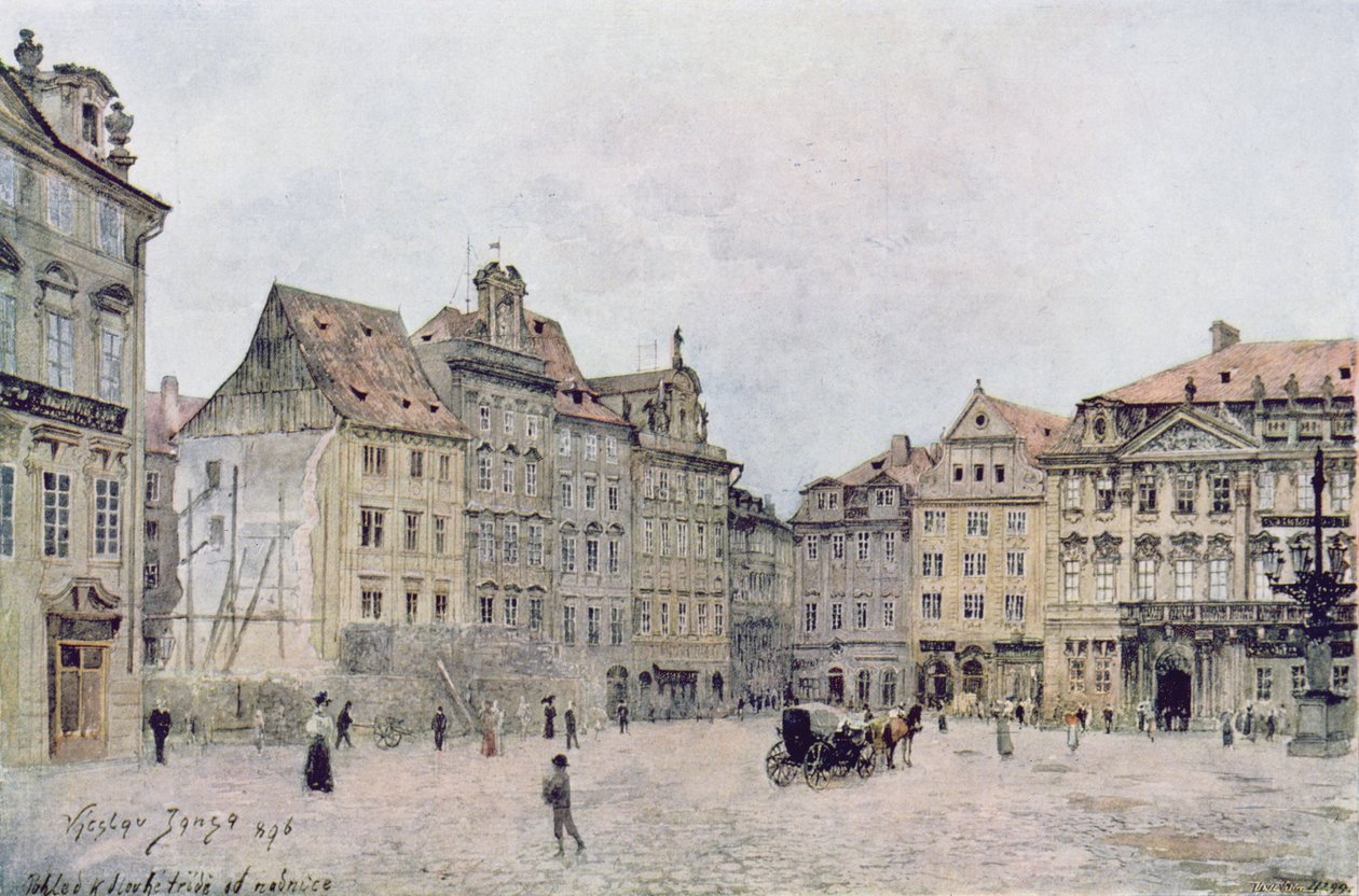 Pohled na severovýchodní stranu Staroměstského Rynku v roce 1896, ze „Staré Prahy“ (Stará Praha) kolem roku 1900 od Vaclav Jansa