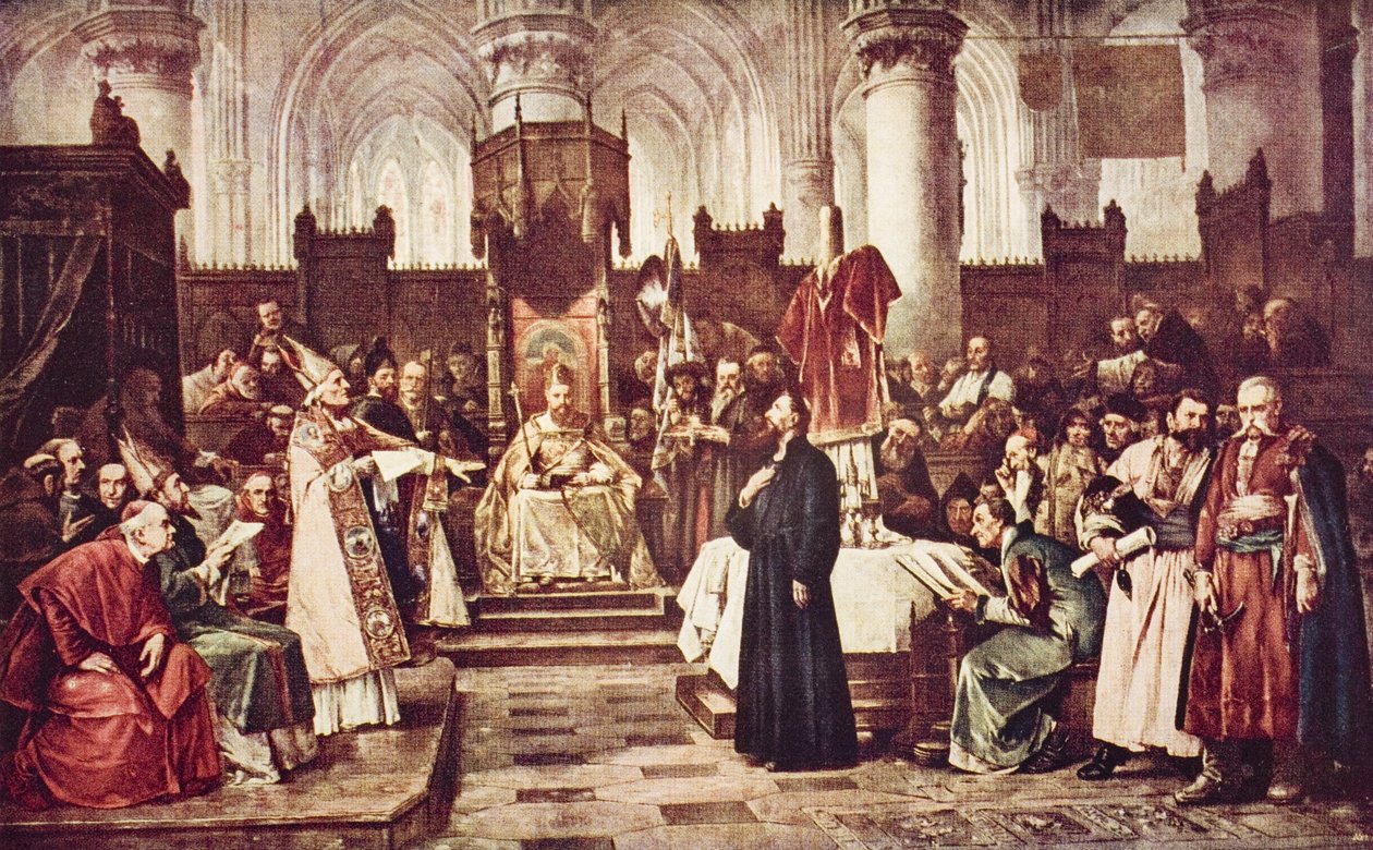 Jan Hus v Kostnici, ilustrace z „Nástin dějin“ od H. G. Wellse, svazek II, vydané v roce 1920 (barevné lito) od Vaclav  Brozik