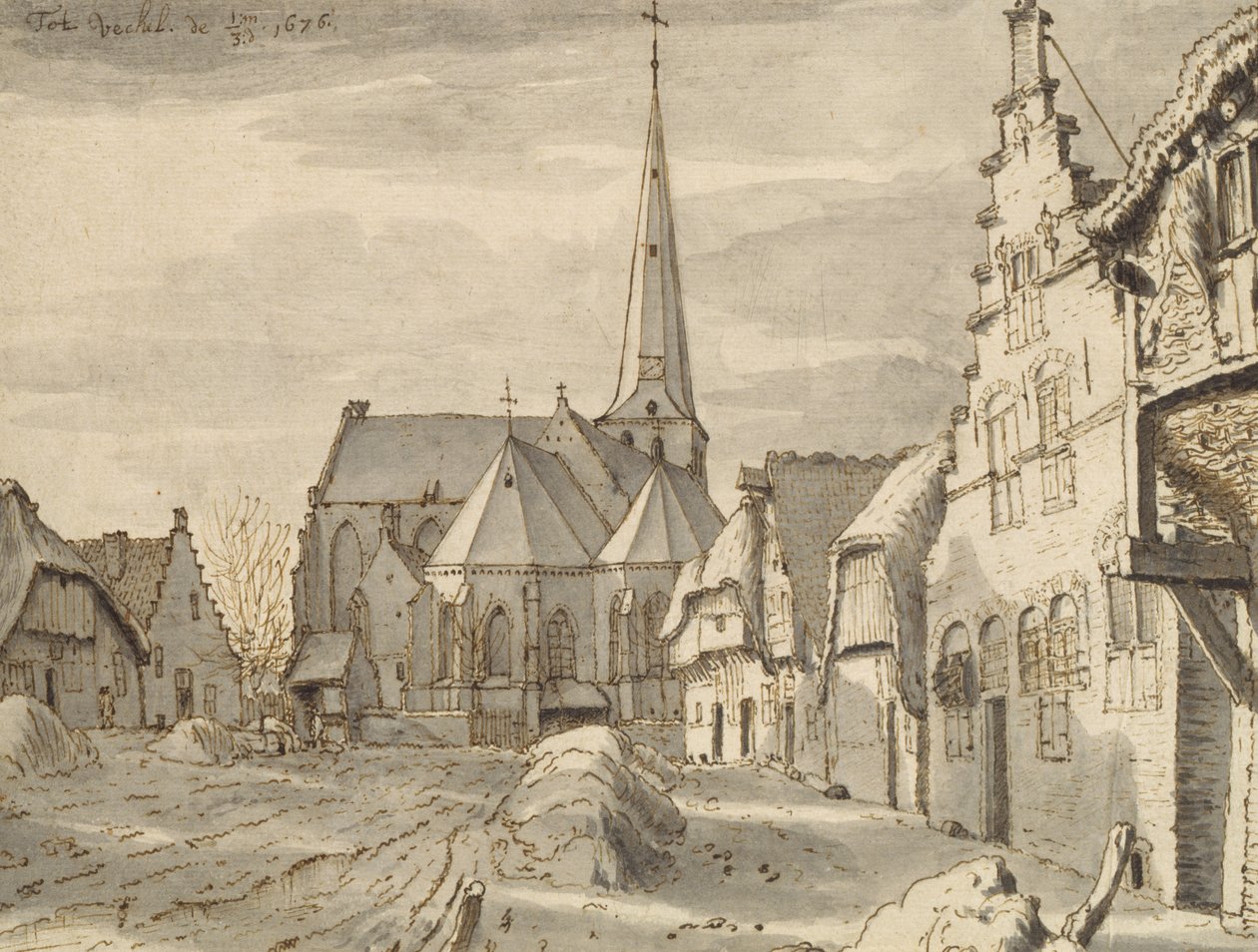 Před kostelem ve Veghelu, 1676 (pero a hnědý inkoust a šedá barva na papíře) od Valentin Klotz