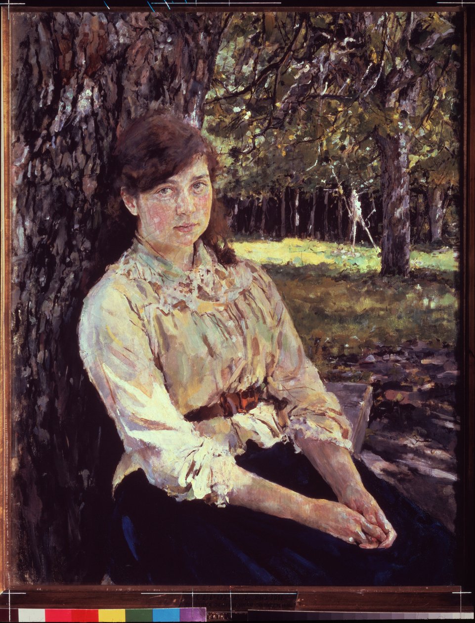 Mladá dívka na slunci. Portrét Marie Simonovich. Obraz Valentina Alexandroviče Serova (1865-1911), olej na plátně 1888. Ruské umění 19. století, secese, moderna. Státní Treťjakovská galerie, Moskva. od Valentin Aleksandrovich Serov