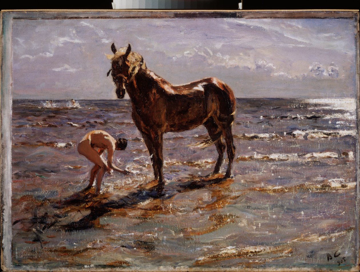 Koňská koupel. (Mladý nahý muž šplouchá koně, další dvě postavy vybíhají na moře). Obraz Valentina Alexandroviče Serova (1865-1911), olej na plátně od Valentin Aleksandrovich Serov