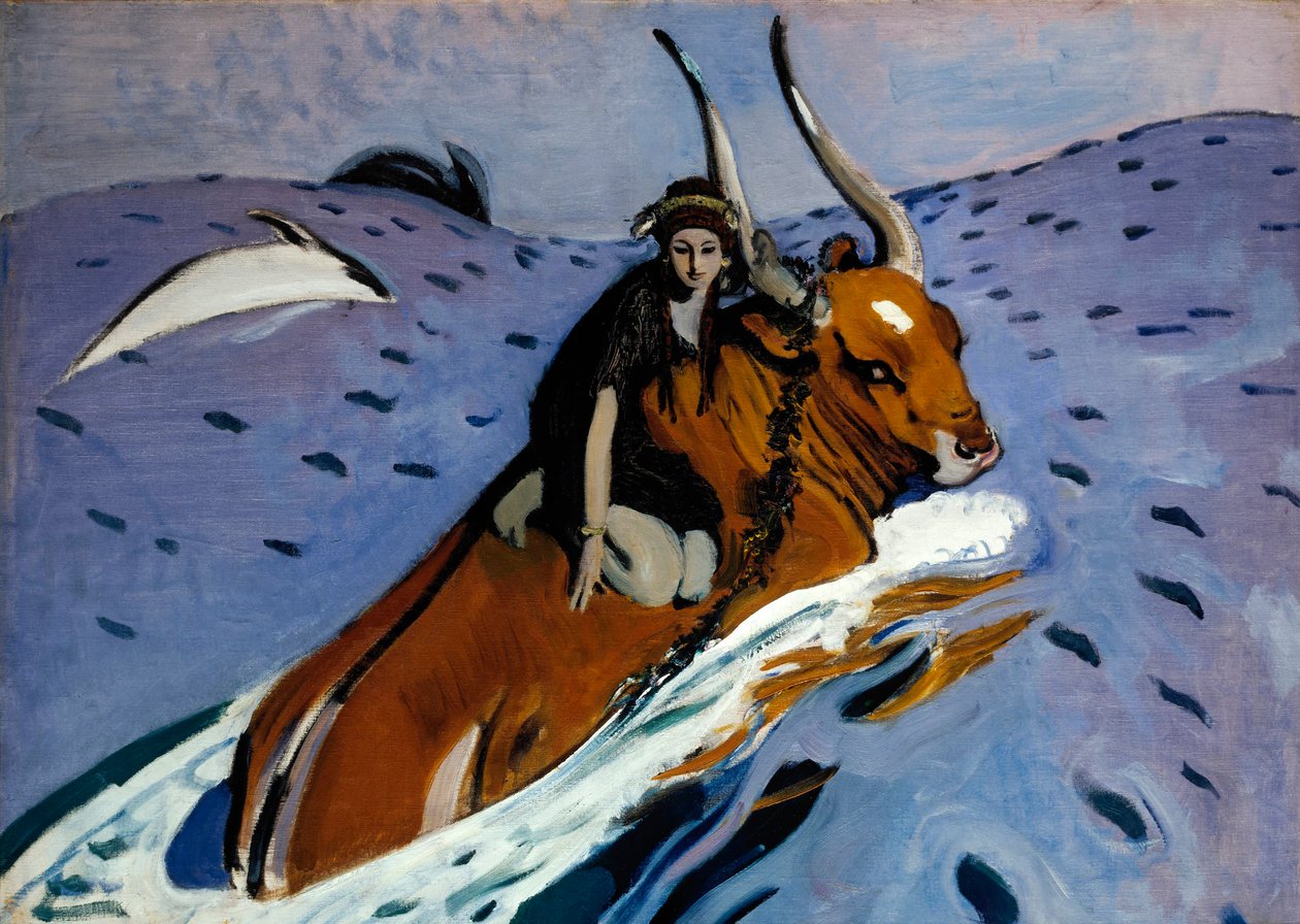 Únos Evropy. Krásná fénická princezna je na hřbetě Dia, proměněna v býka, který ji vezme do moře obklopenou delfíny. Obraz Valentina Alexandroviče Serova (1865-1911), olej na plátně od Valentin Aleksandrovich Serov