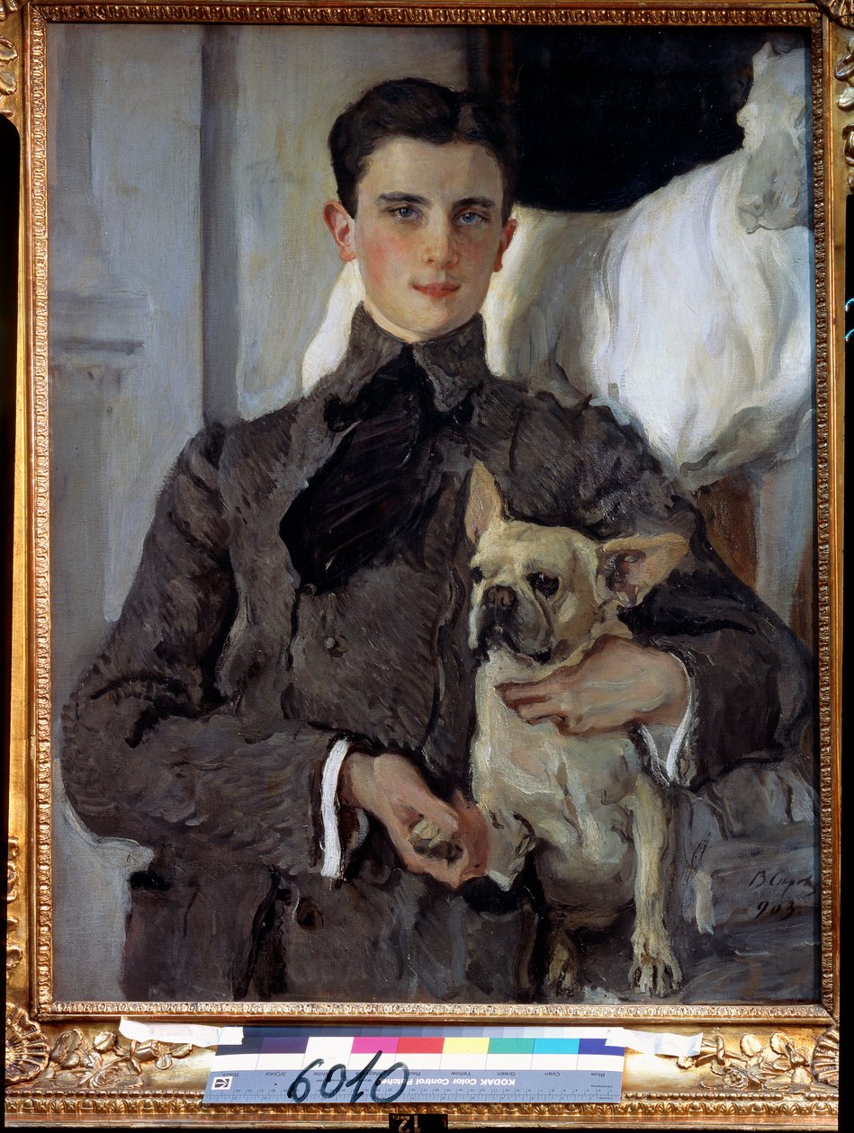 Portrét prince Felixe Youssoupoffa, hraběte Soumarokova Elstona (1887-1967), se psem. (Portrét prince Felixe Jusupova, hraběte Sumarokova Elstona, se psem). Obraz Valentina Alexandroviče Serova (1865-1911), olej na plátně od Valentin Aleksandrovich Serov