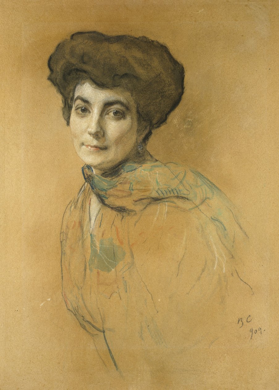 Portrét Jeleny Ivanovny Roerichové, 1909 (pastel a čb s nádechem tělové barvy na světle hnědém papíře) od Valentin Aleksandrovich Serov
