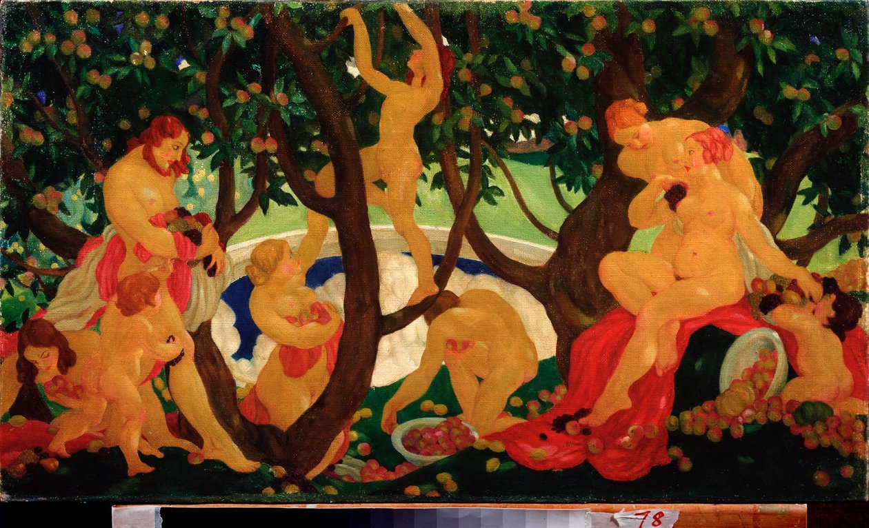 Sdílení jablek (Gathering Aple) - obraz Valentina Alexandroviče Jakovleva (1887-1919), olej na plátně od Valentin Alexandrovich Yakovlev