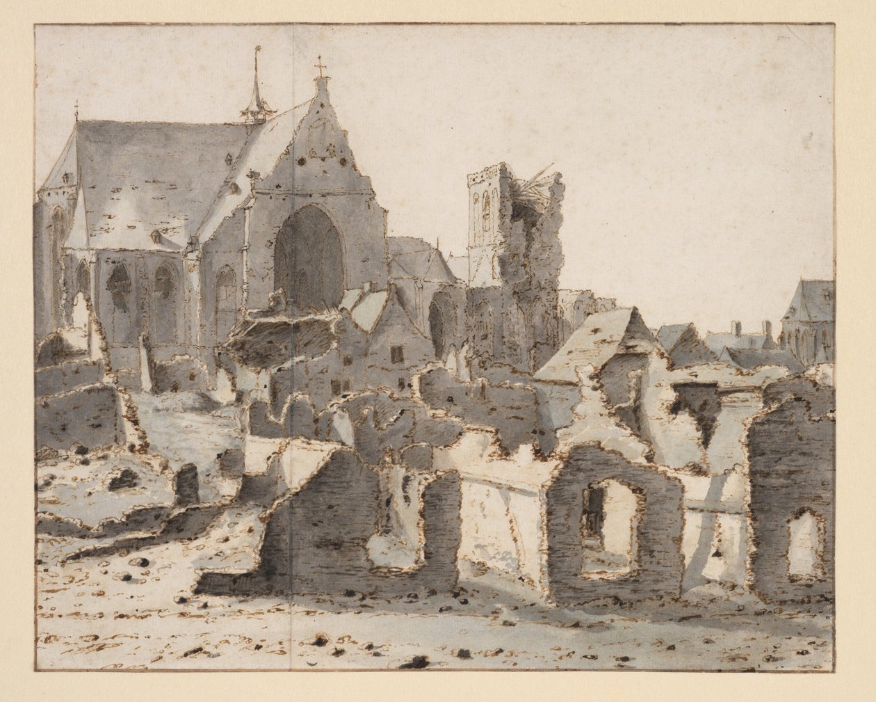 Pohled na hrob na Maas po obležení, 2. března 1675 (grafit, pero a hnědý inkoust, šedomodrá barva na papíře) od Valentin Klotz