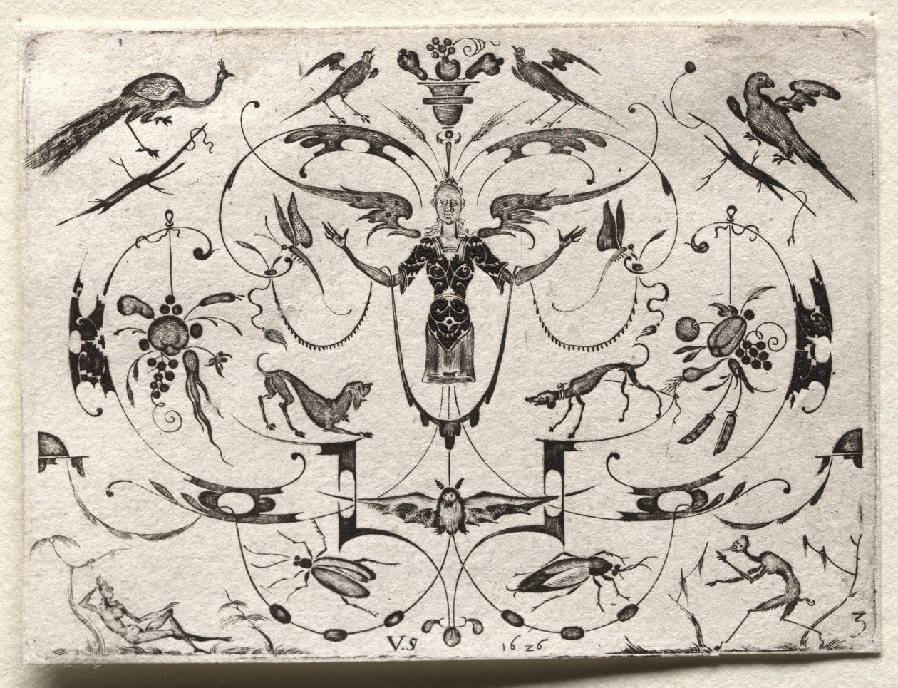 Arabeska s pávem, andulkou, psy a hmyzem, 1626. od Valentin Sezenius