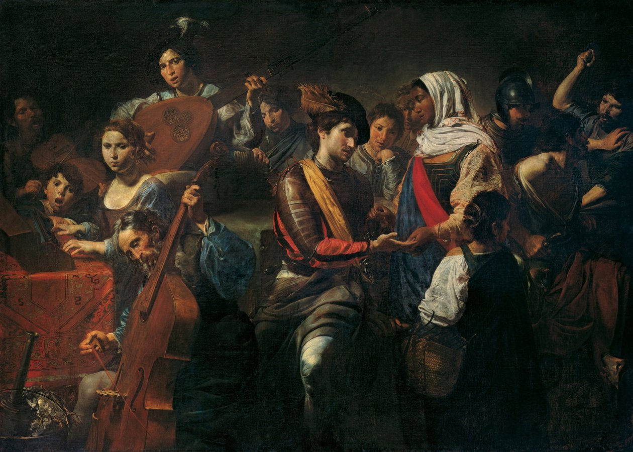 Veselá společnost a věštkyně. (Veselá společnost s věštkyní). Žánrová scéna v krčmě, kompozice s hudebníky (housle, violoncello, keyboard a loutna), muži u stolu připravující si drink, věštkyně od Valentin de Boulogne