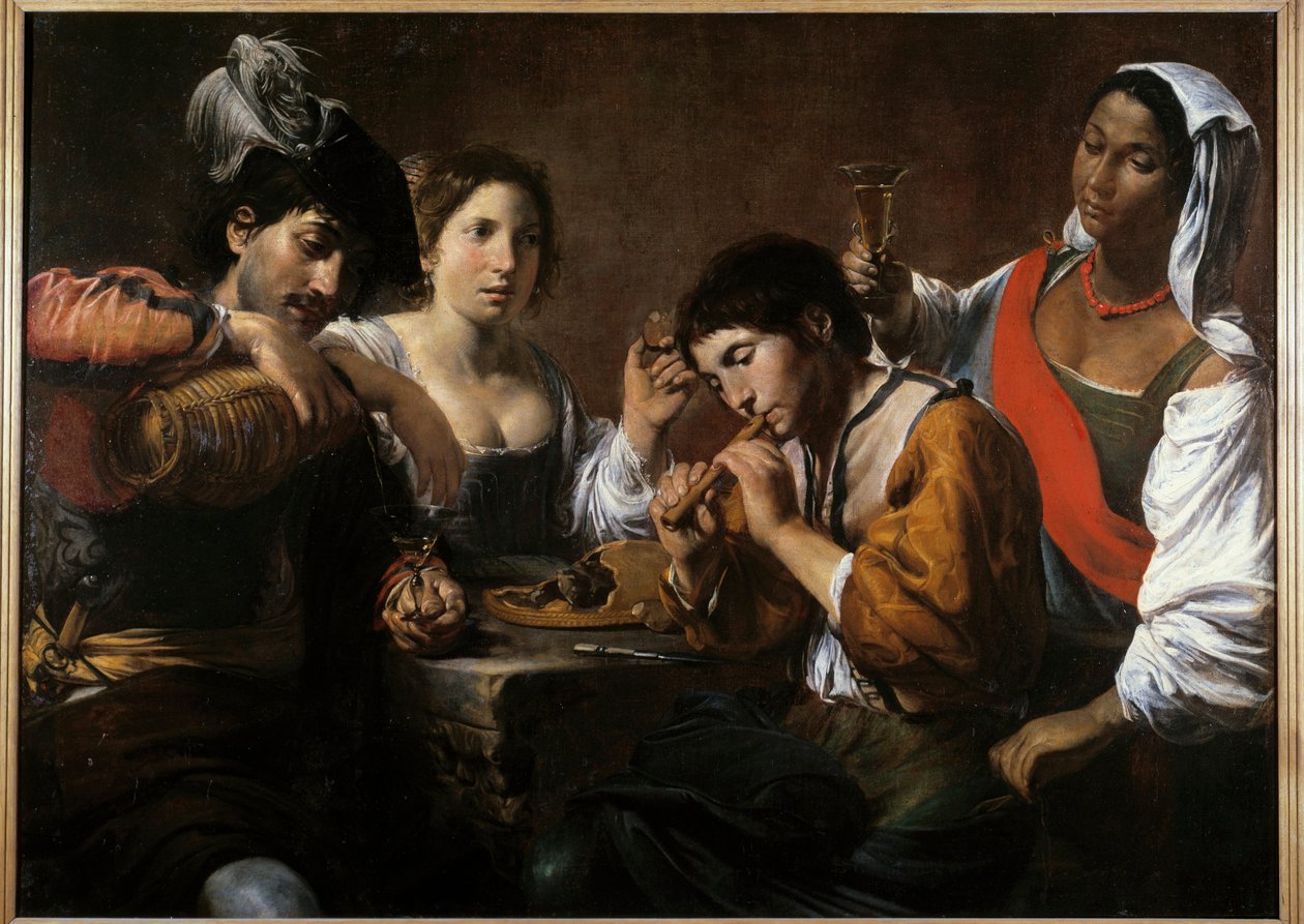 Setkání v kabaretu Obraz Valentina de Boulogne (1591-1632) 17. století Ne. 0,96 x 1,33 m od Valentin de Boulogne