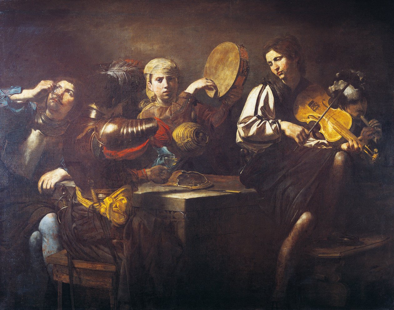 Hudebníci a vojáci, cca 1626, Valentin de Boulogne (1591-1632), olej na plátně od Valentin de Boulogne