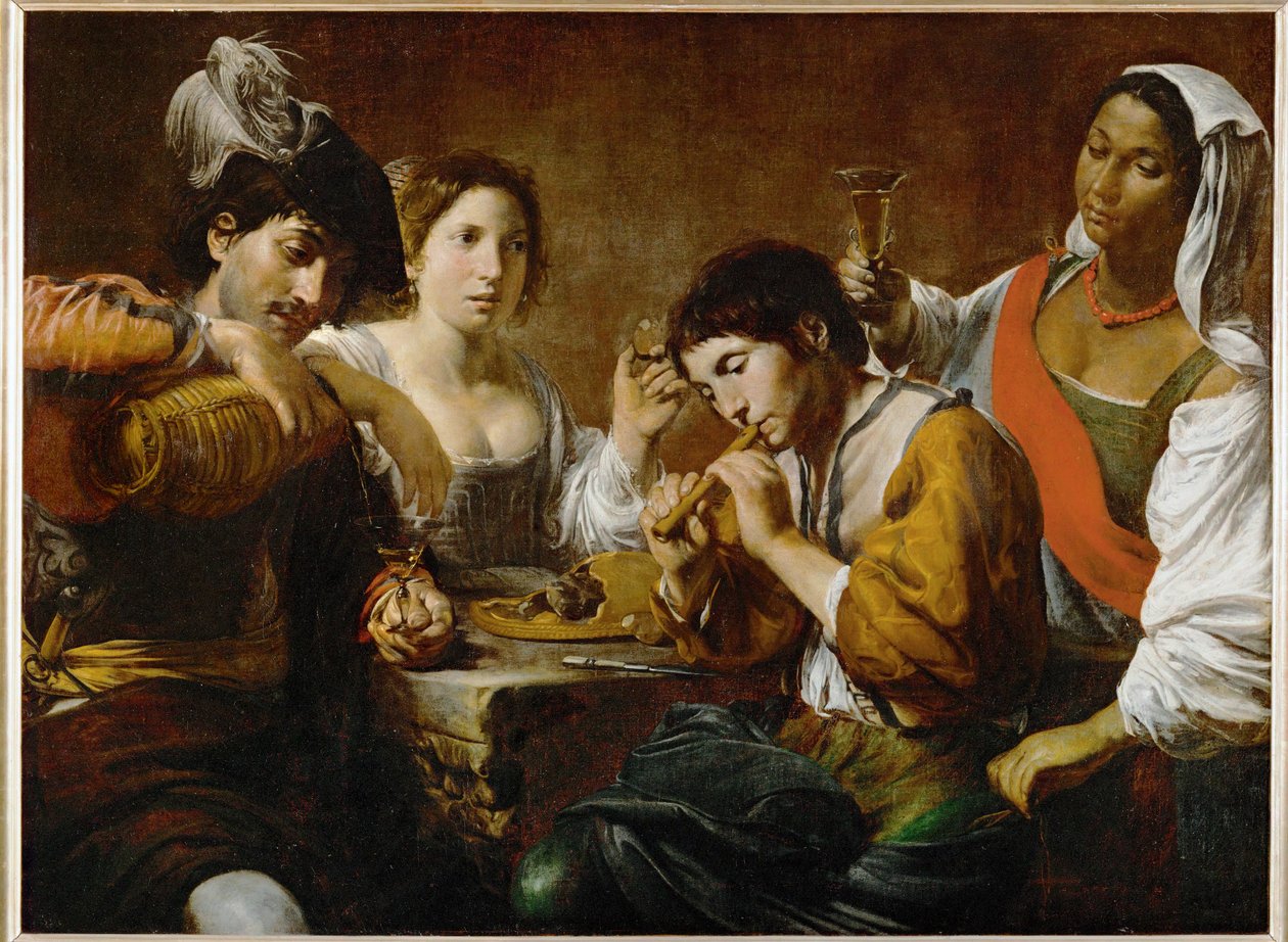 Reunion dans un cabaret - Společnost v hospodě ... od Valentin de Boulogne
