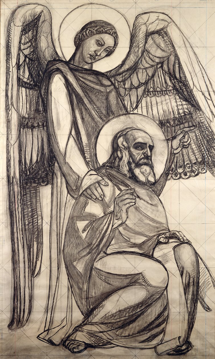 Svatý Jan a anděl, 1925 (uhl a tužka na papíře) od Valentine Reyre