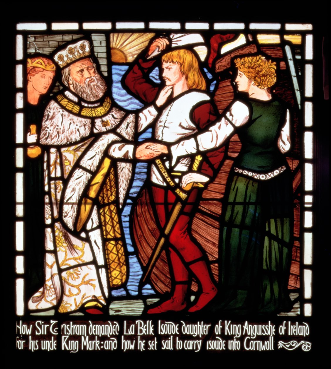 Sir Tristan opouští Irsko s Isolde the Fair, z „Příběhu Tristana a Isoldy“, William Morris und Co. (vitráže) od Valentine Cameron Prinsep