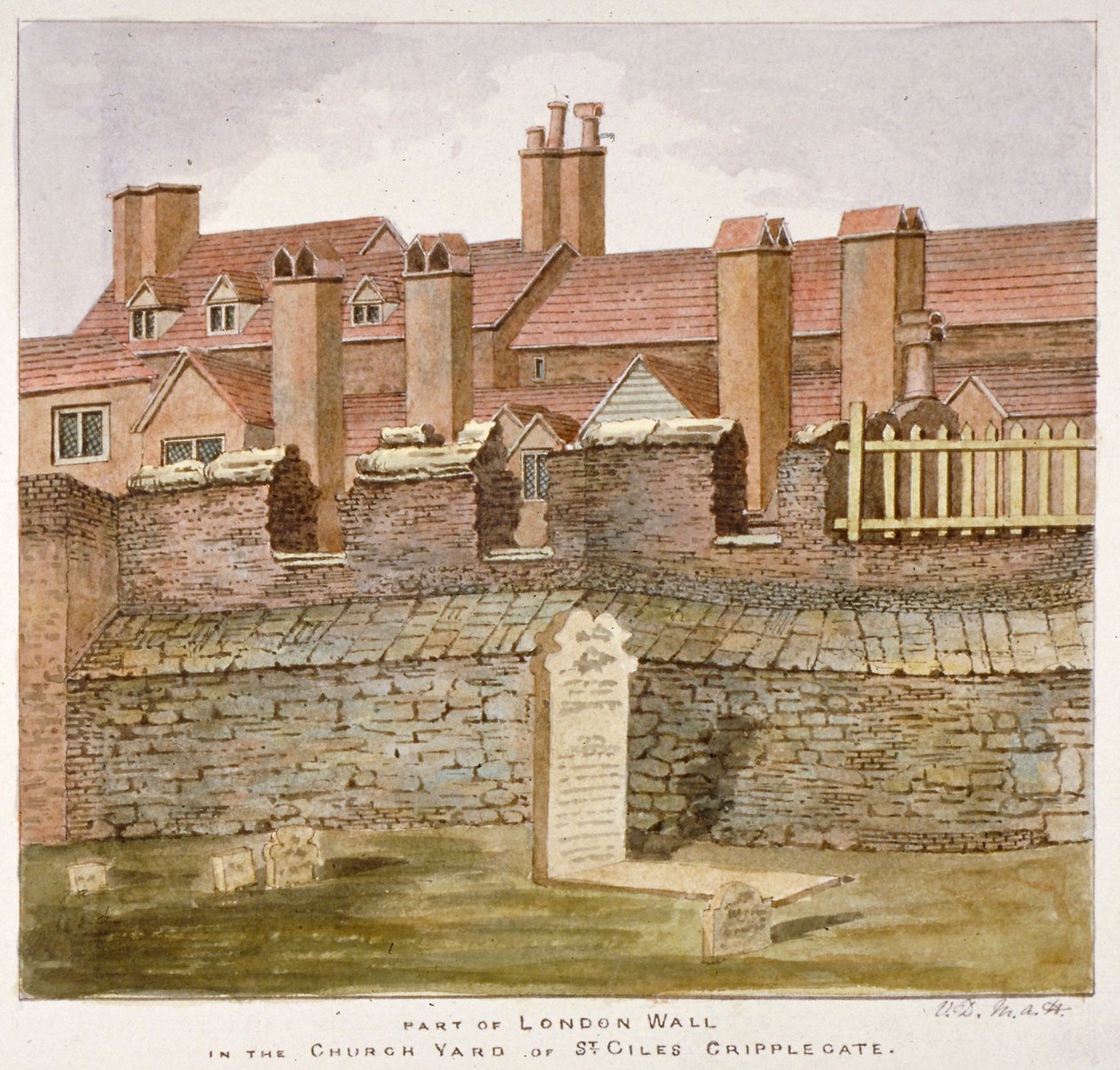 Zbytky londýnské zdi na hřbitově St Giles bez Cripplegate, City of London, 1825 od Valentine Davis