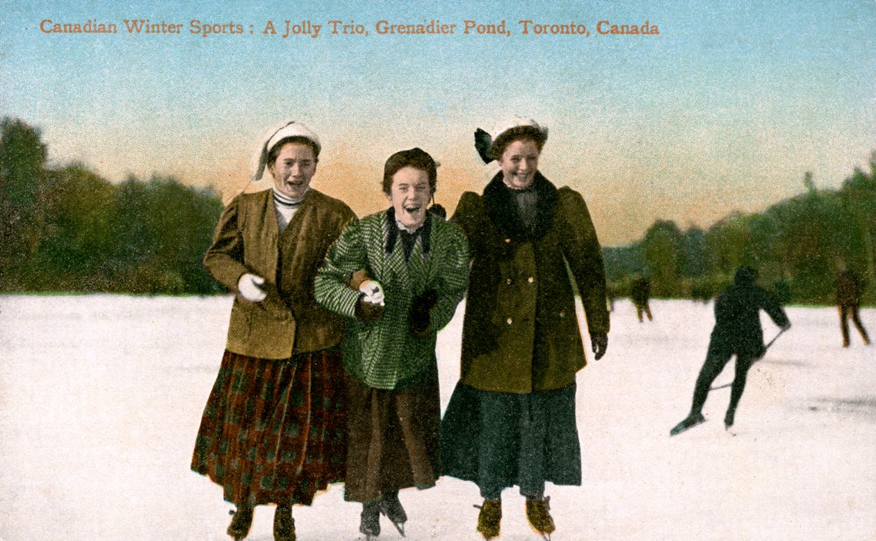 Kanadské zimní sporty: A Jolly Trio, Grenadier Pond, Toronto, Kanada, 20. století. od Valentine and Sons Publishing Co