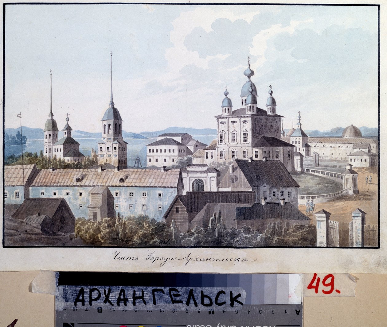 Pohled na město Archangelsk (Rusko) (Pohled na město Archangelsk). Dílo Valeriho Yemelyanoviče Galyamina (1794-1855), akvarel na papíře od Valeri Yemelyanovich Galyamin
