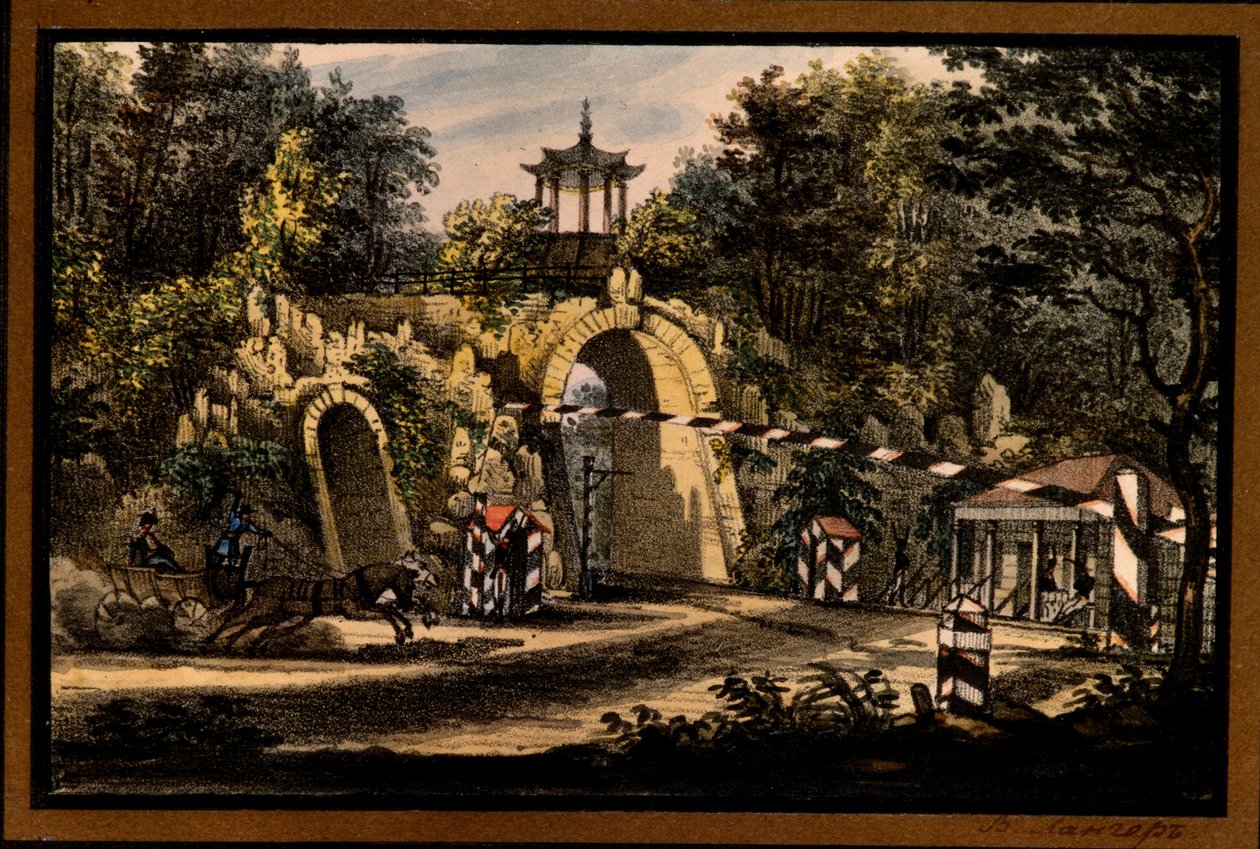 "Pavilon Grand Caprice v parku Kateřiny Carskoje Selo"" od Valeriana Platonoviče Langera (1799-1870), litografie, akvarel, cca 1820, Státní skanzen Carskoje Selo, Petrohrad Â od Valerian Platonovich Langer