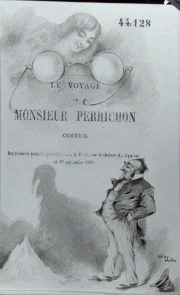 Přední strana knihy „Le Voyage de Monsieur Perrichon“ od Eugena Labiche (1815-88) vydaná kolem r. 1860-65 (akvarel na papíře) (čb foto) od Valery Muller