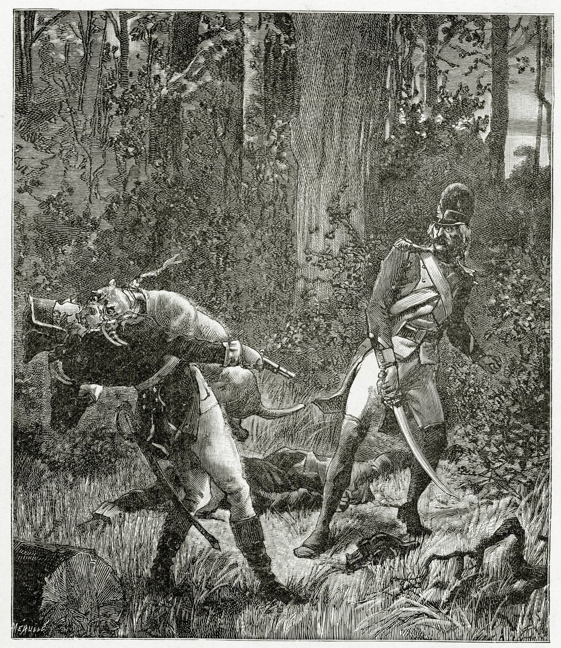 Rask the dog zabíjející anglického vojáka - ilustrace z Bug-Jargal, 19. století bw rytina od Valnay Pere et fils