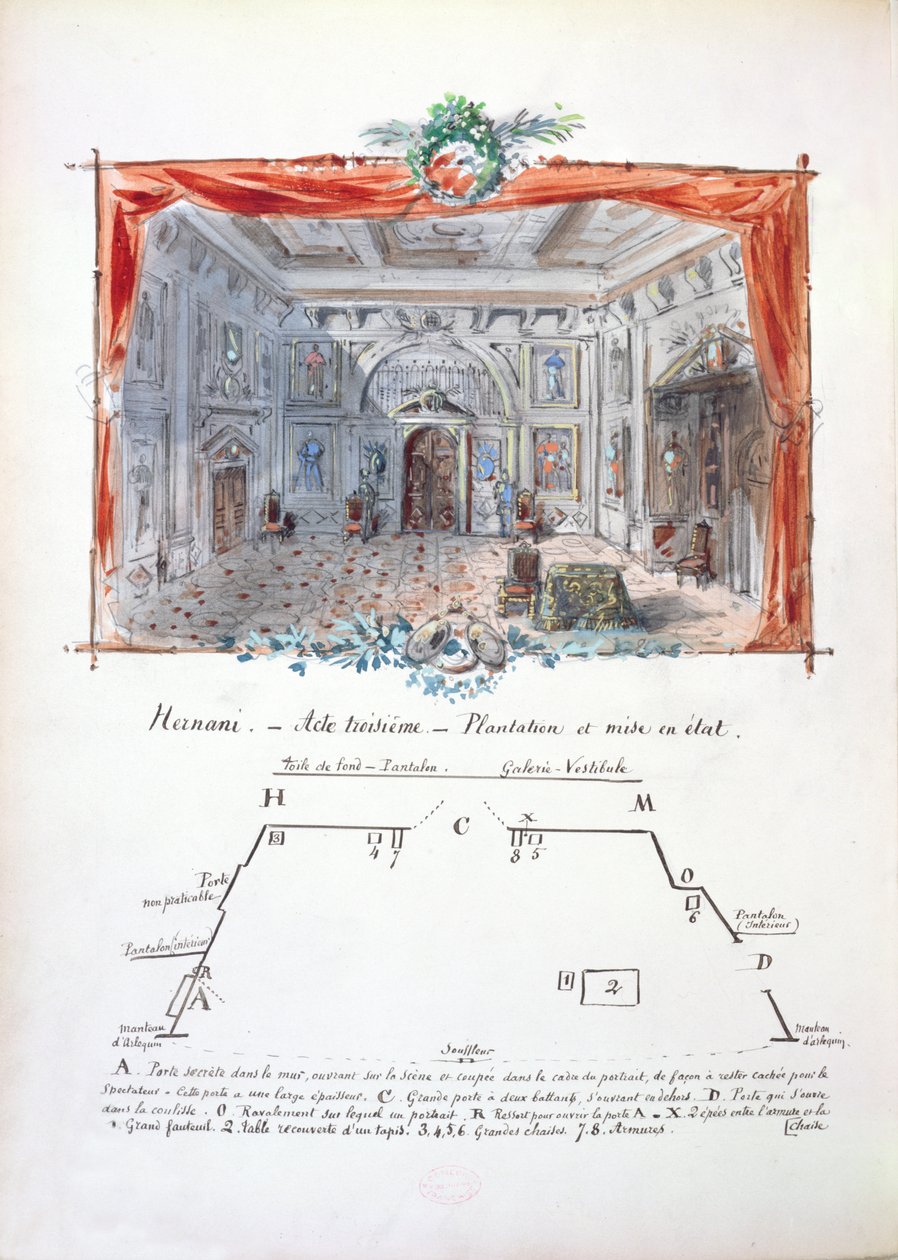 Scénografie a režie k inscenaci hry Victora Huga (1802-85) Hernani z roku 1877, 1879 (tuš a kvaš) od Valnay Pere et fils