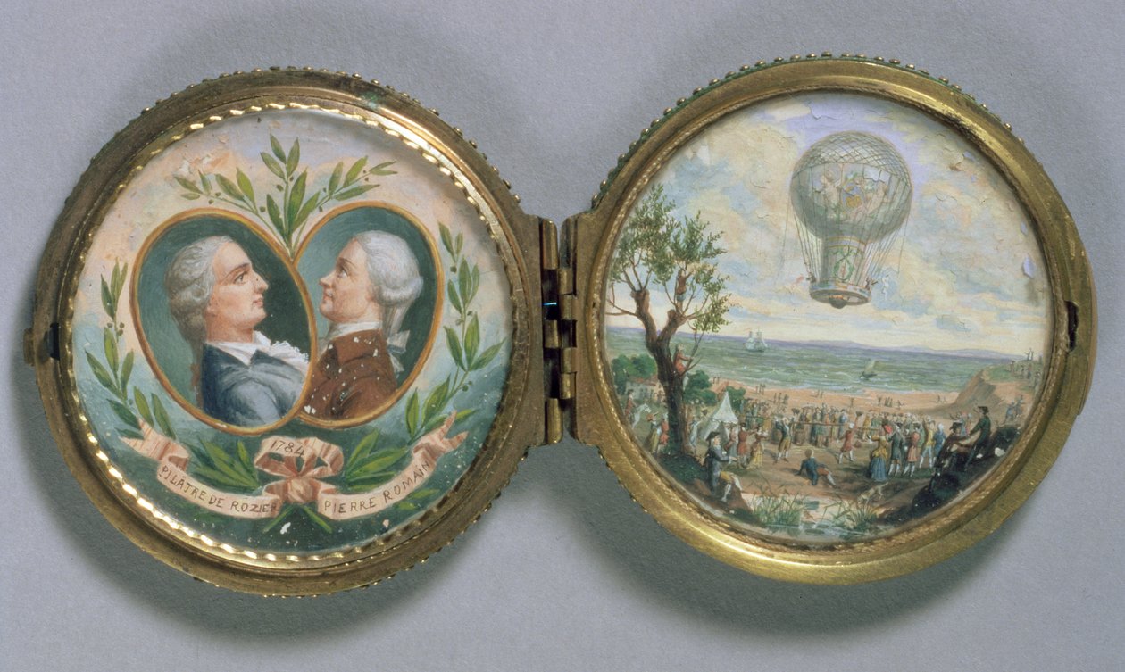 Portrétní miniatura J. F. Pilatra a Pierra Romaina se scénou jejich výstupu na balón, 1784 (kvaš na pergamenu) od Van Blarenberghe