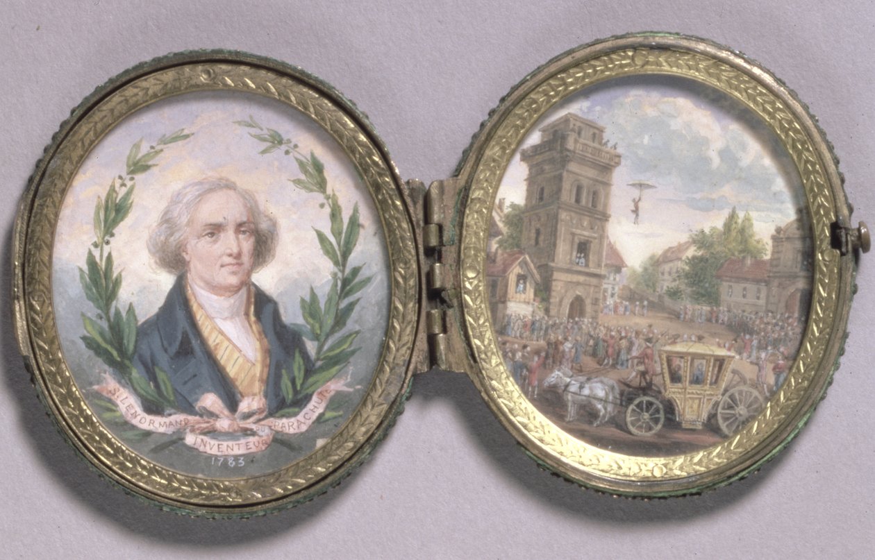 Portrétní miniatura Louise-Sebastiena Lenormanda s výjevem jeho sestupu na padáku, 1783 (kvaš na pergamenu) od Van Blarenberghe