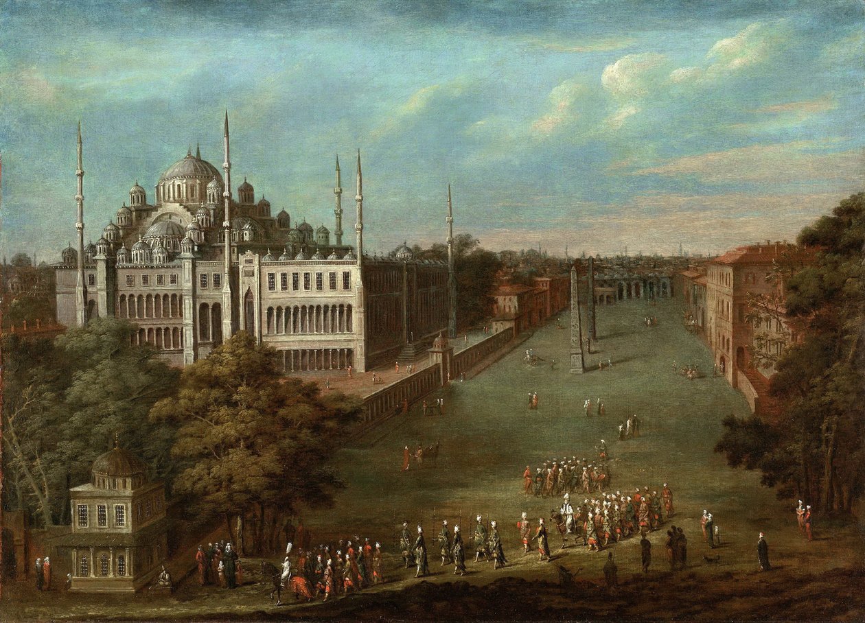Průvod velkovezíra na náměstí Hipodrom s mešitou sultána Ahmeda, 1737 od Vanmour