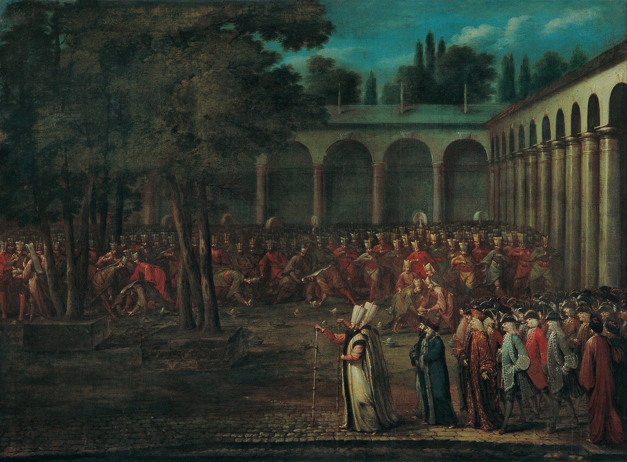 Velvyslanecká delegace procházející druhým nádvořím paláce Topkapı, 20. léta 18. století od Vanmour