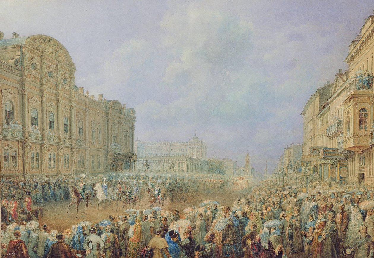 Vojenská revue na Něvské třídě v paláci Beloselsky-Belozersky, 1859 od Vasili Semenovich Sadovnikov