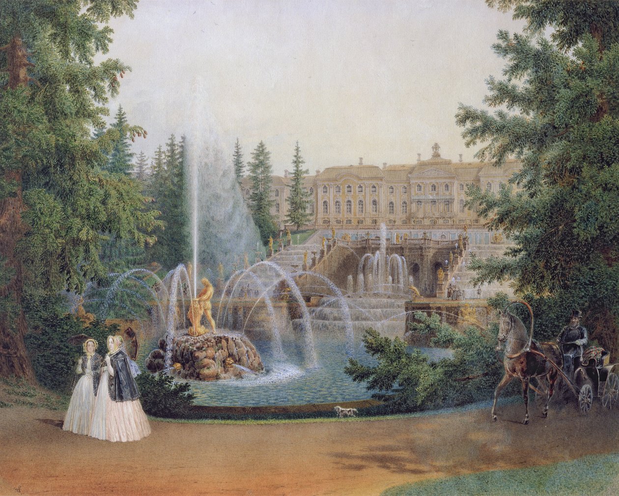 Pohled na Marly Cascade z Dolní zahrady paláce Peterhof, c.1830-60 od Vasili Semenovich Sadovnikov