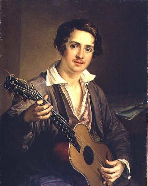 Kytarista: Portrét virtuózního kytaristy Vladimira Ivanoviče Morkova (1803-64) 1839 (olej na plátně) od Vasili Andreevich Tropinin