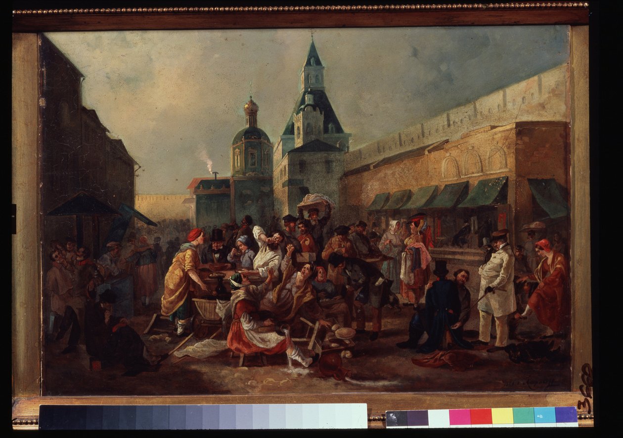 Stánek s občerstvením u čínské zdi v Moskvě. Obraz Vasilije Jegoroviče Astrachova (?-po 1867). Olej na plátně, 43 x 57,5 ​​cm od Vasili Egorovich Astrakhov