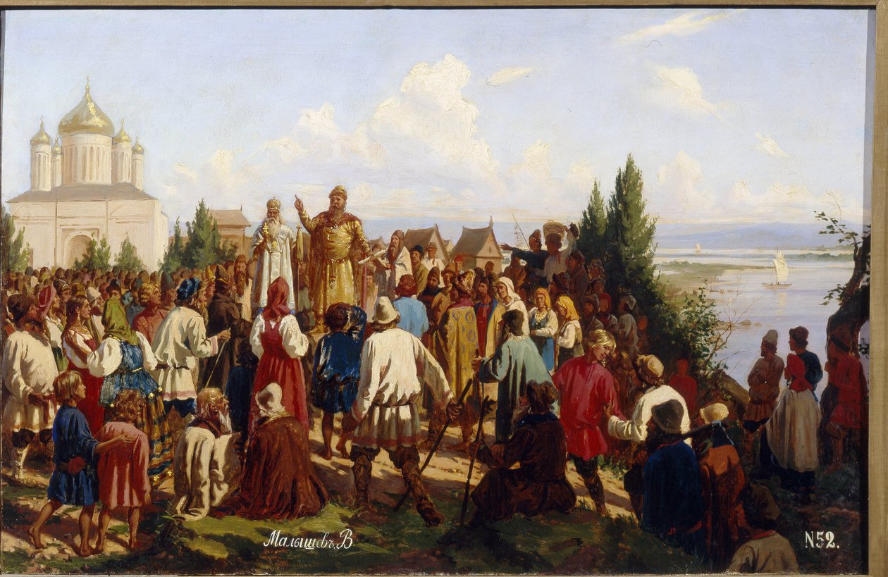 Velký princ Novgorodu a Kyjeva, Jaroslav I. Vladimirovič, známý jako Moudrý (978-1054), vydává první zákoník Russkaja Pravda v roce 1019. (Velký princ Jaroslav I. Moudrý vydává první zákoník Russkaja Pravda v roce 1019) . malování d od Vasili Georgievich Malyschev