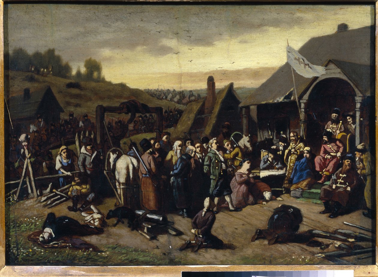 Rozsudek Emeliana Ivanoviče Pugačeva (Iemelian nebo Emilien Pougatchov) (1742-1775) (Rozsudek Pugačeva). Po potlačení ruské rolnické války (1773-1775) (Jackson z Yaik Cossacks). Obraz Vasilij (Vasili) Grigorjevi od Vasili Grigorevich Perov