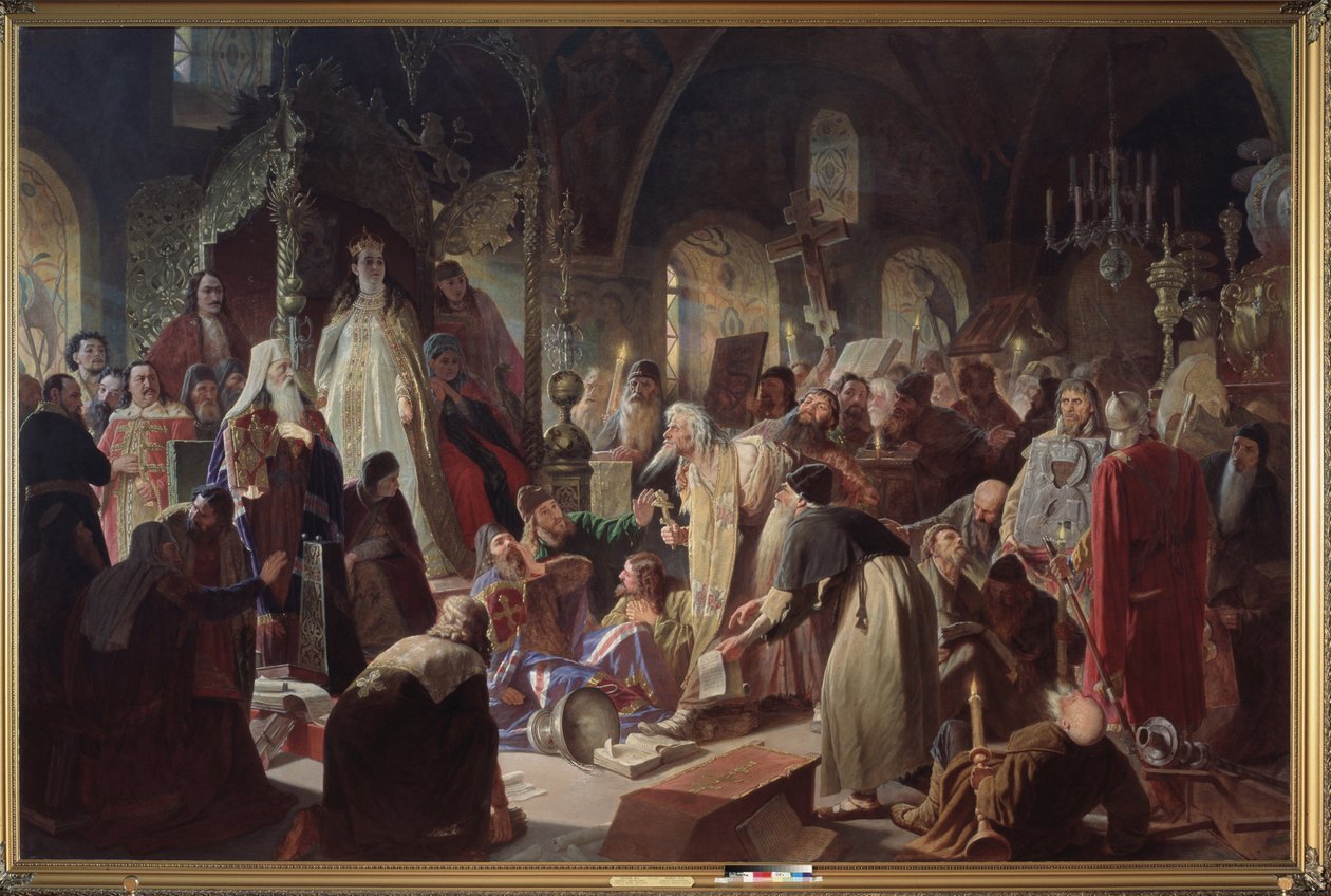 Starověřící (starověrecký) Papež Nikita Poustosviat (nebo Nikita Dimitriovič Dobrynine, zemřel v roce 1683) debatující s moskevským patriarchou Joachimem (1620-1690) o otázce víry v přítomnosti regentky Sophie Alexeievny Romanové ( 1657-1704 od Vasili Grigorevich Perov