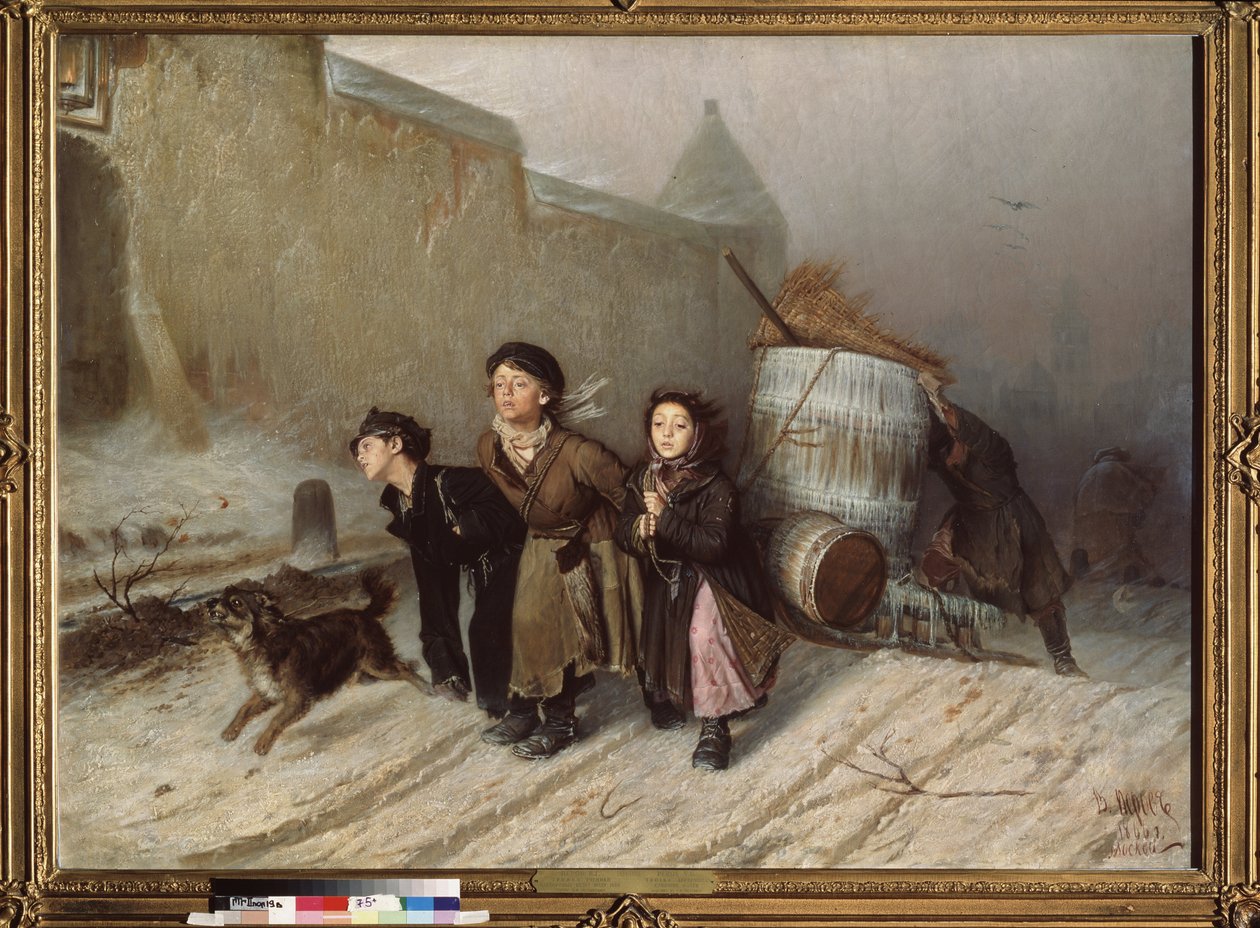 Trojka (sáně). Učni nabírají vodu. (Ulice v zimě). Obraz Vasilij (Vasili) Grigorjevič Perov (1834-1882), olej na plátně od Vasili Grigorevich Perov