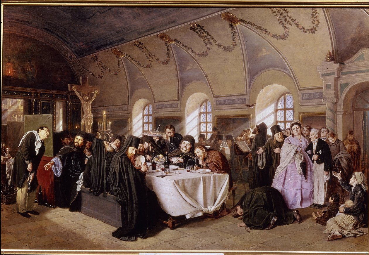 Oběd v klášteře (A Meal in The Monastery). V bohatém refektáři pravoslavného kláštera sedí mniši a obědvají v přepychu (ryby, ovoce, víno) při čtení Bible. Přezíravé návštěvníky zveme na j od Vasili Grigorevich Perov