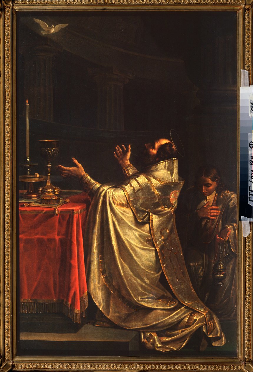 Basil Veliký (330-379) (nebo Basil Cesarea) klanící se před holubicí Ducha svatého (Svatý Duch) - Basil Veliký - Obraz Vasilije Kuzmich Shebuev (1777-1855), olej na plátně od Vasili Kuzmich Shebuev