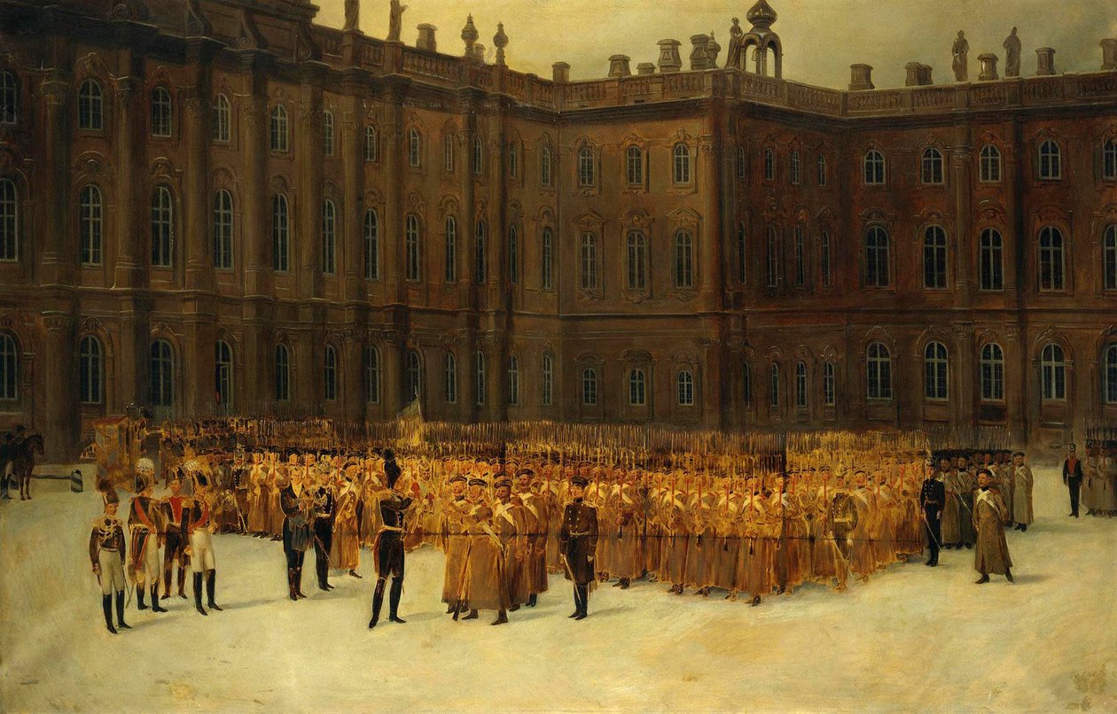 povstání v decembriste ou povstání dekabristé (1825) - Mikuláš I. před jednotkovou formací polního ženijního praporu plavčíků na dvoře Zimního paláce dne 14. prosince Maxutov, Vasilij Nikolajevič (1826-1886). Olej na plátně, rozměr od Vasili Nikolayevich Maxutov