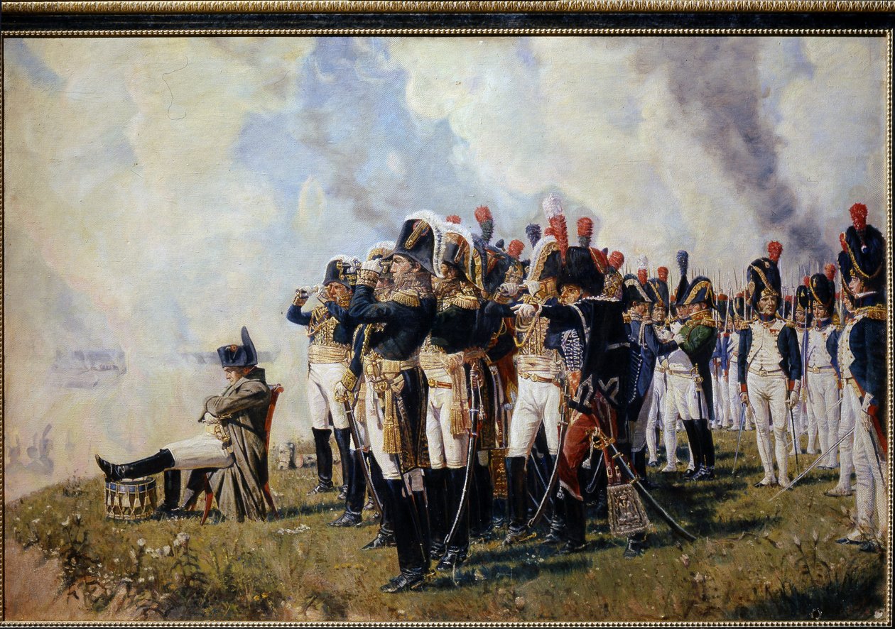 Napoleon Bonaparte (1769-1821) na výšinách Borodino. (Napoleon Na Borodino Hights). Bitva u Moskvy (nebo bitva u Borodina, 7. září 1812, během ruského tažení), Napoleon, se zkříženýma rukama, zamyšlený, je popsán před důstojníky od Vasili Petrovich Vereschagin