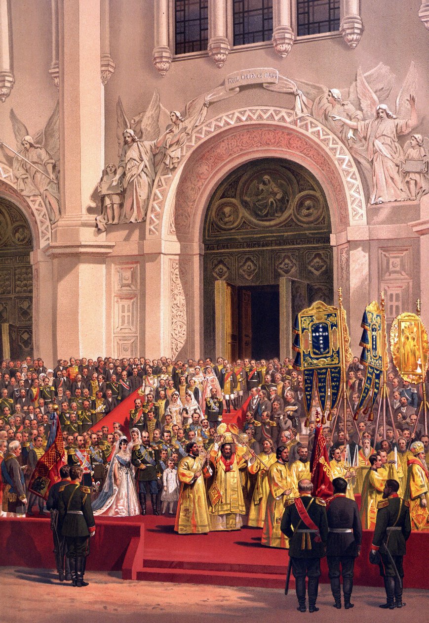 Korunovační album ruského cara Alexandra III. (1845-1894) a císařovny Marie Fjodorovny (Dagmar z Dánska) (1847-1928) - Císařský pár opouštějící katedrálu Krista Spasitele (Z korunovačního alba) od Vasilije Petroviče (Petr. od Vasili Petrovich Vereshchagin