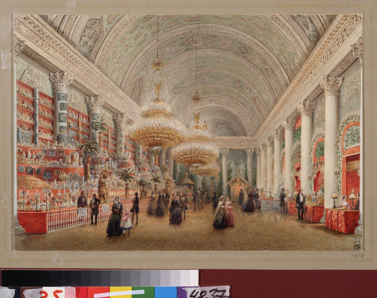 Charitativní bazar v hodovní síni Jusupovského paláce v Petrohradě. Dílo Vasilije Semjonoviče Sadovnikova (1800-1879), akvarel na papíře. ruské umění od Vasili Semenovich Sadovnikov