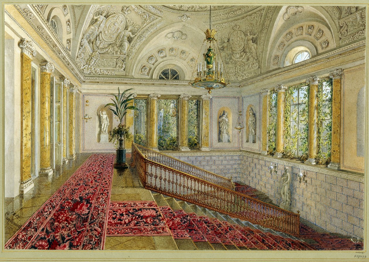 Schodiště v paláci. Dílo Vasilije Semjonoviče Sadovnikova (1800-1879), akvarel na papíře od Vasili Semenovich Sadovnikov