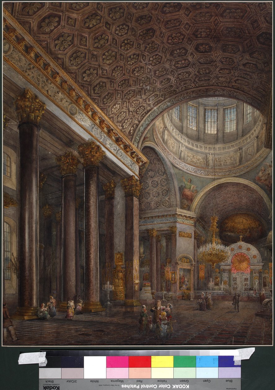 Vnitřní pohled na kazaňskou katedrálu v Petrohradě od Sadovnikova, Vasilije Semjonoviče (1800-1879). Akvarel na papíře od Vasili Semenovich Sadovnikov